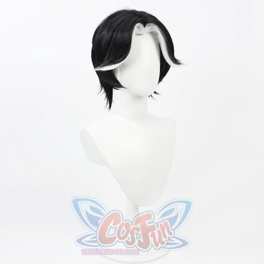 Hazbin Hotel Husk cosplay wig, short black hair with white highlighted sides, side view on mannequin