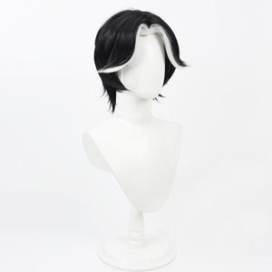 Hazbin Hotel Husk cosplay wig, short black hair with white highlighted sides, side view on mannequin