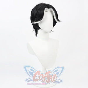 Hazbin Hotel Husk cosplay wig, short black hair with white highlighted sides, side view on mannequin