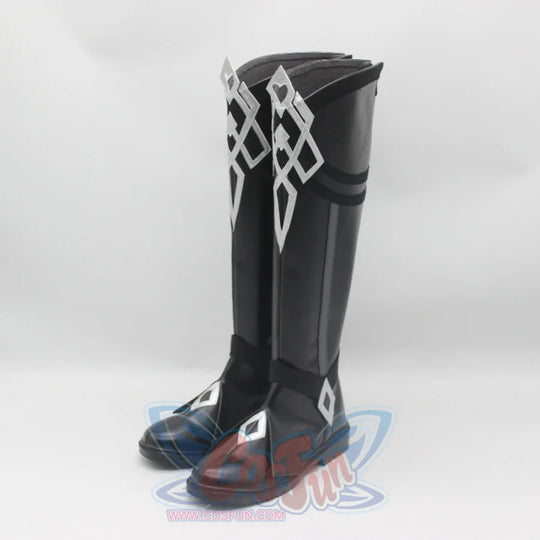 Genshin Impact Il Capitano cosplay knee-high boots in black with intricate silver upper panels and lower diamond accents.