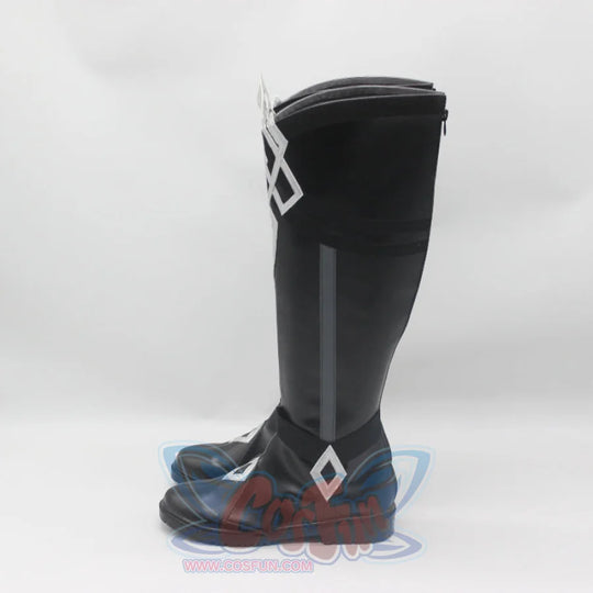 Genshin Impact Il Capitano cosplay boot left side view tracing dark blue panels and white diamond patterns up the shaft.