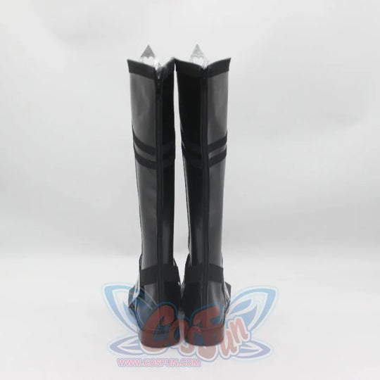 Genshin Impact Il Capitano cosplay boots rear view balancing back zippers and pointed geometric accents on stacked heels.