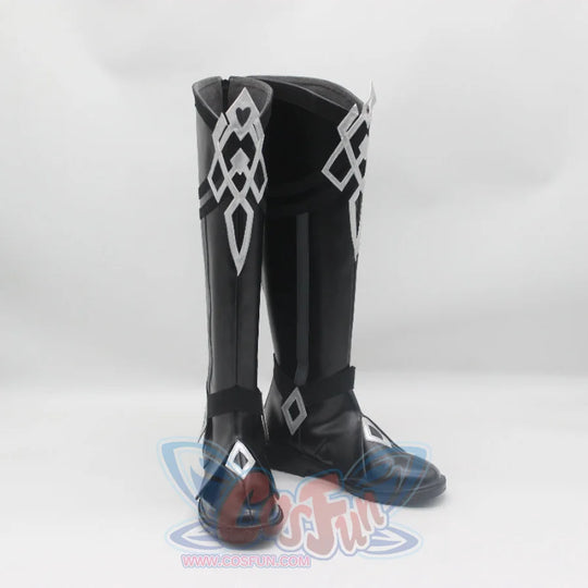 Genshin Impact Il Capitano cosplay boots set in black with white geometric patterns anchoring diamond ankle strap details.