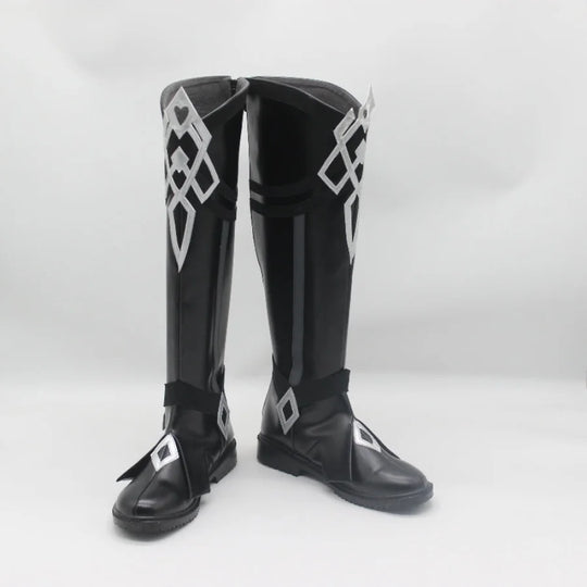 COSFUN Genshin Impact Il Capitano cosplay boots pair in black matt leather with silver geometric openwork shaft plates.