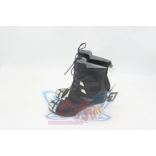 Genshin Impact Arlecchino The Knave cosplay boot single view traces gold geometric accents up the lace-up ankle shaft.