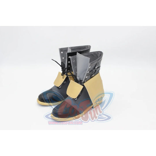 Genshin Impact Freminet cosplay boots layering dark blue and red toes over black sections anchored by wide beige-yellow.