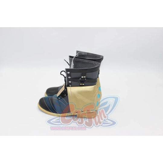 Genshin Impact Freminet cosplay boots framing blue toes and black lacing beside gold and teal side panels from a rear angle.