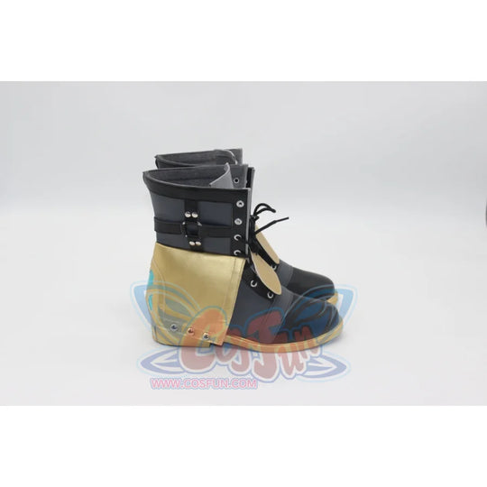 Genshin Impact Freminet cosplay ankle boots pairing grey and black panels with sharp gold accent trim throughout.