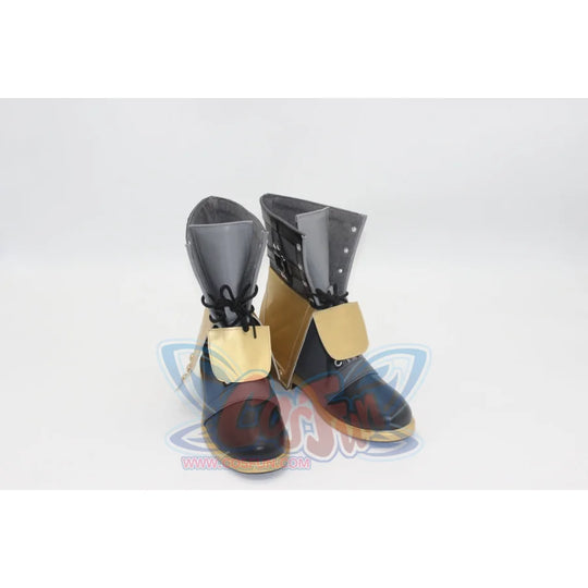 Genshin Impact Freminet cosplay boots balancing gold toes and black vamps beneath light gold flaps and grey lace-up cuffs.