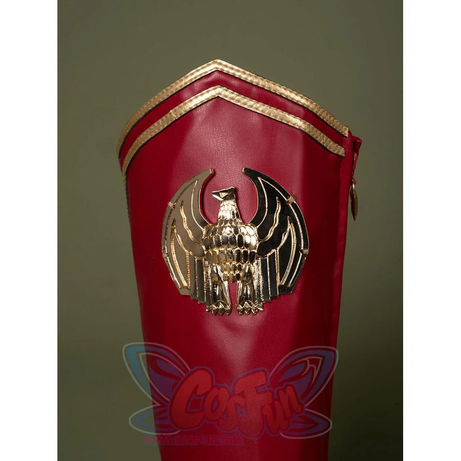The Boys Season 4 Homelander cosplay boots framing a gold double-headed eagle emblem on a single boot close-up.