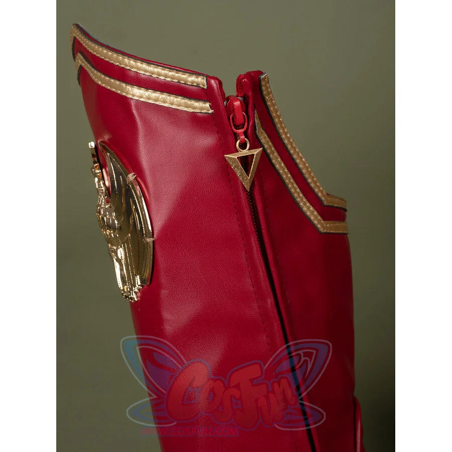 The Boys Season 4 Homelander cosplay boots pairing side zipper triangle charm alongside the gold eagle emblem.
