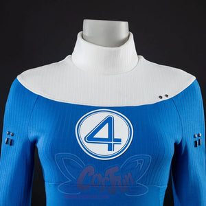 High-neck blue suit with ribbed texture and logo detail.