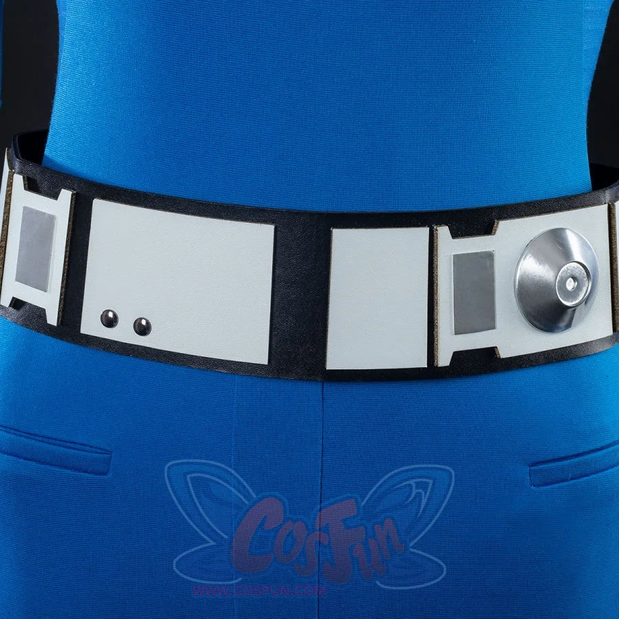 Futuristic white and black belt with metallic button detail.