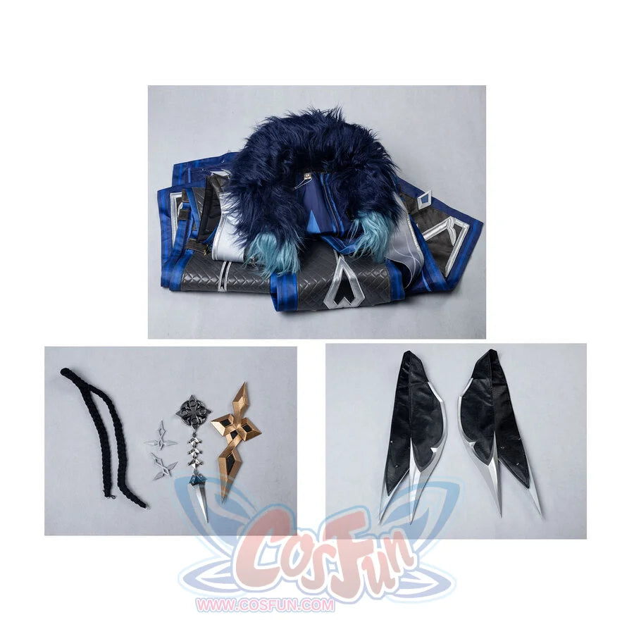 Genshin Impact Il Capitano cosplay folded pieces layer blue fur-trim garment in a detailed costume view.