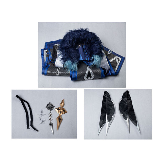 Genshin Impact Il Capitano cosplay folded pieces layer blue fur-trim garment in a detailed costume view.