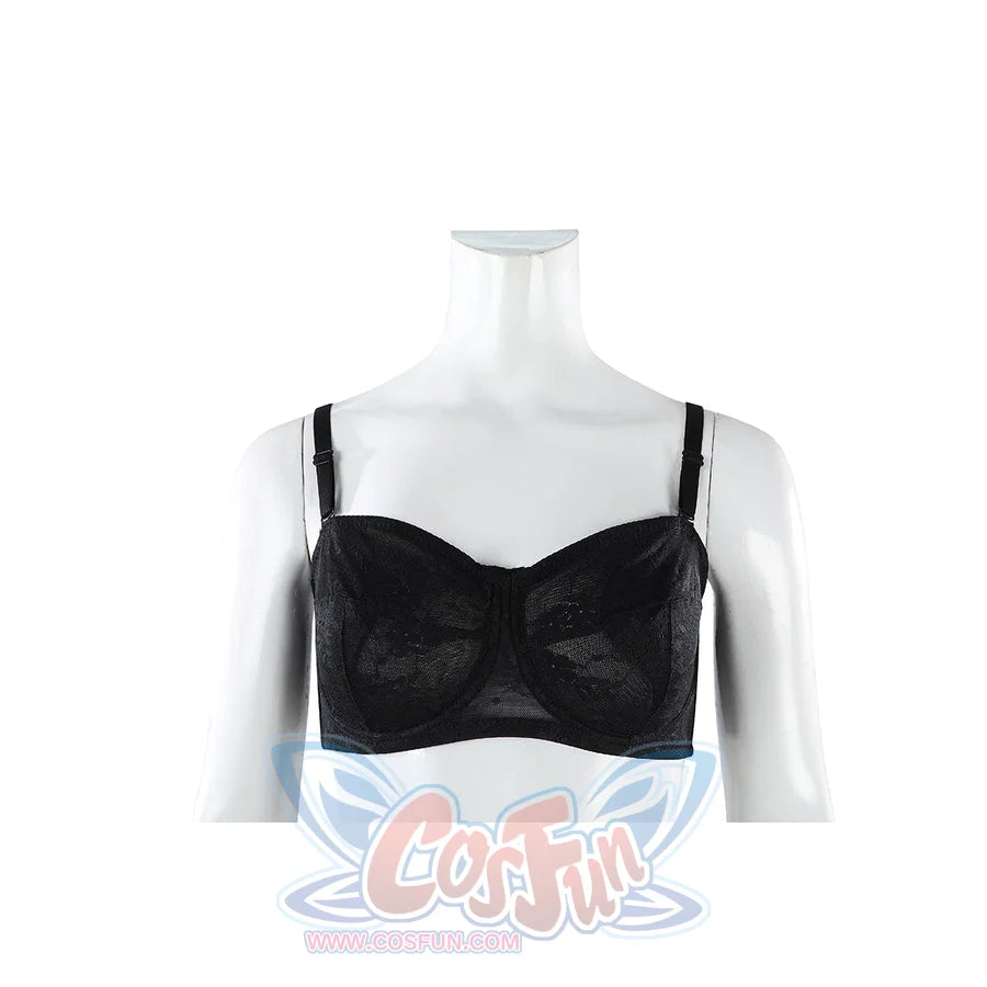 Ida cosplay costume black lace bra top close-up on mannequin, part of the included undergarment set