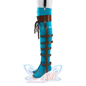 Ida cosplay blue stocking and brown leg brace side view, worn with matching blue heeled boot
