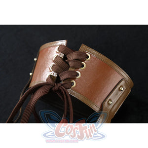 Ida cosplay brown leather leg brace extreme close-up showing lace-up eyelets and lacing on dark background