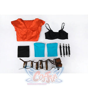 Ida cosplay complete costume set flat lay with all pieces and accessories organized display