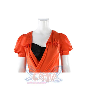 Ida cosplay orange dress upper body detail showing deep V-neckline and black inner top on mannequin