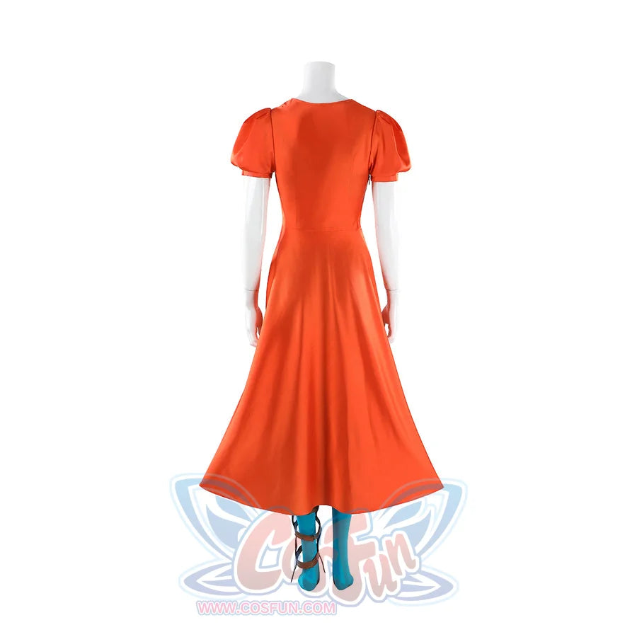 Ida cosplay full costume back view on mannequin showing orange dress, blue stockings, and red boots