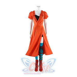 Ida cosplay full costume on mannequin showing orange dress, blue stockings, red boots, and leg brace