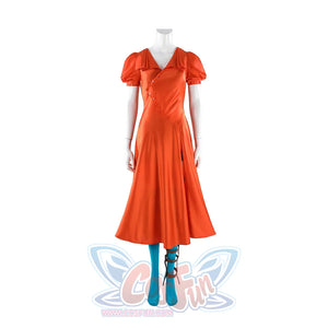 Ida cosplay full costume front view on mannequin showing orange dress, blue stockings, and red boots