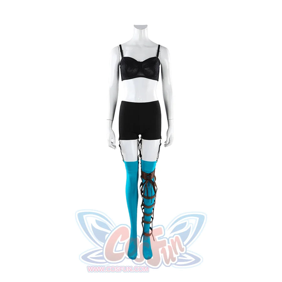 Ida cosplay costume undergarments on mannequin with black bra, shorts, blue stocking, and leg brace