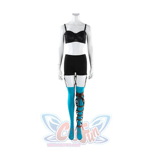Ida cosplay costume undergarments on mannequin with black bra, shorts, blue stocking, and leg brace