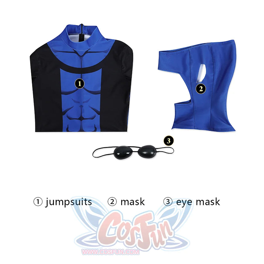 Invincible cosplay complete set showing all pieces: numbered jumpsuit, blue mask hood, and black oval eye mask