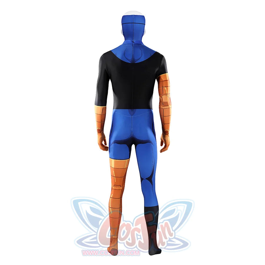 Invincible cosplay costume back view, showing blue black jumpsuit with orange arm and leg accents
