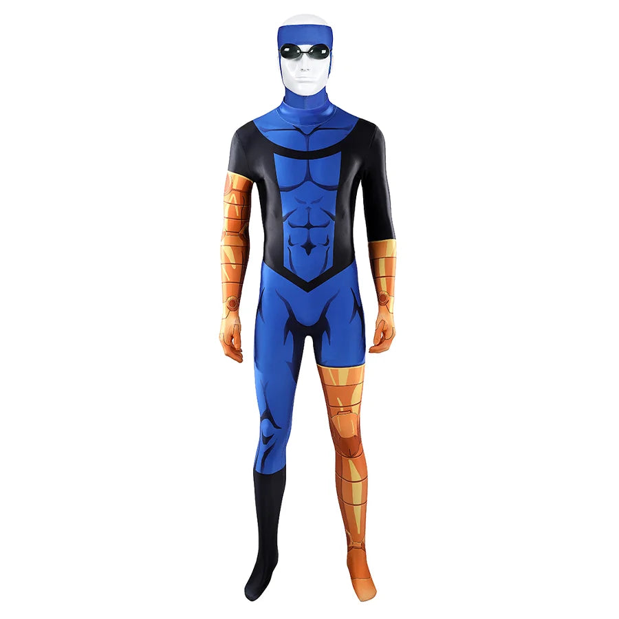 Invincible cosplay costume front view, blue black jumpsuit with orange accents, white mask and goggles