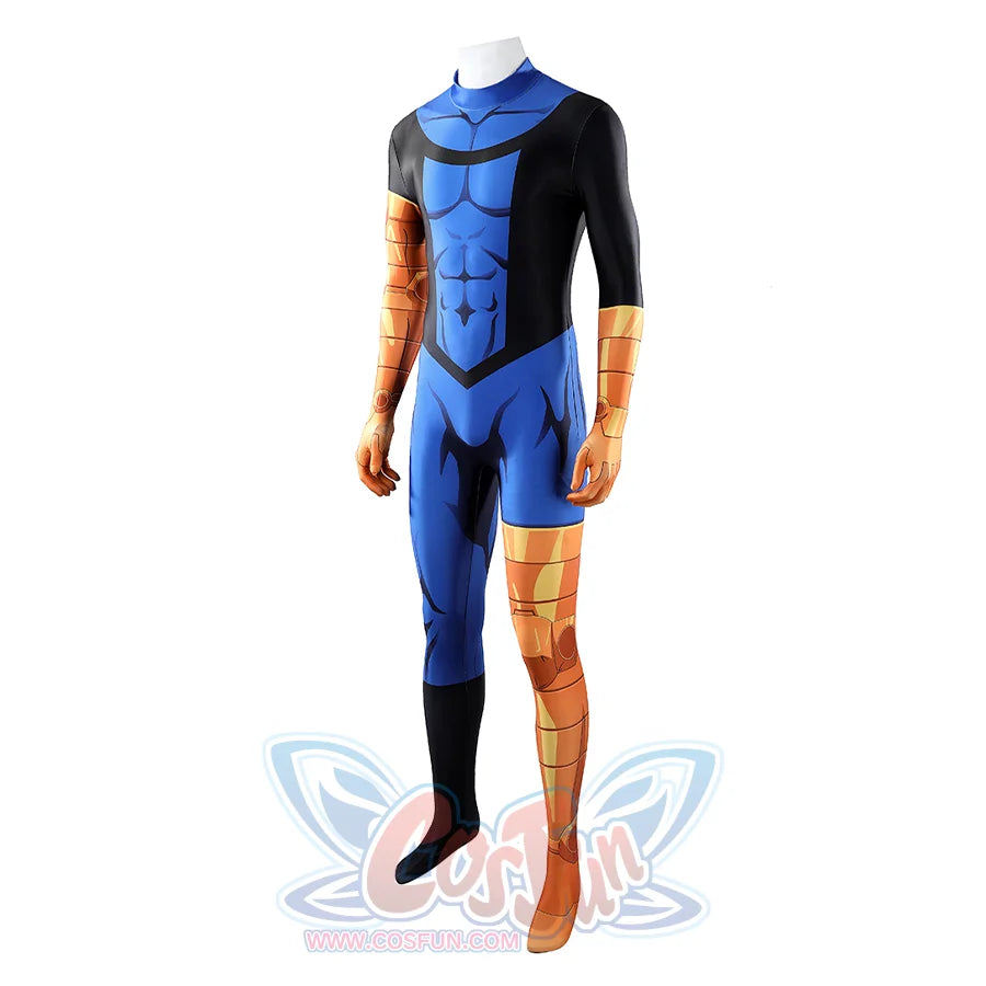 Invincible cosplay jumpsuit angled front view, blue black bodysuit with orange printed arm and leg accents