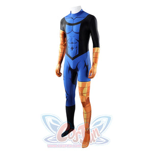 Invincible cosplay jumpsuit angled front view, blue black bodysuit with orange printed arm and leg accents