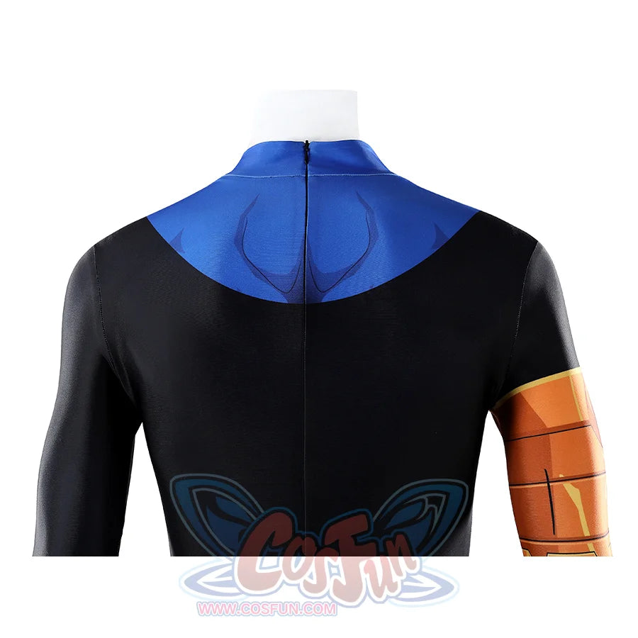 Invincible cosplay jumpsuit upper back close-up, blue back panel with center zipper and black fabric detail