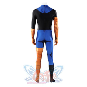 Invincible cosplay jumpsuit back view without mask, blue black bodysuit with orange printed arm and leg accents