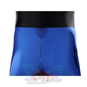 Invincible cosplay jumpsuit back waist close-up, blue lower back panel with black elastic waistband seam