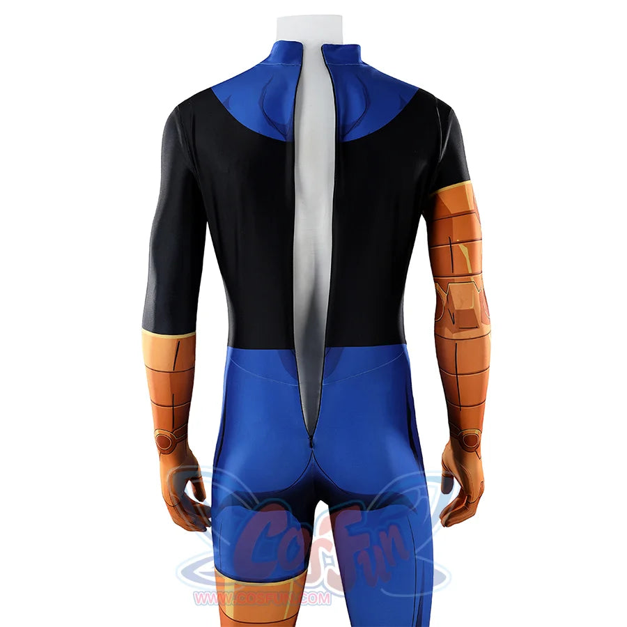 Invincible cosplay jumpsuit back view showing concealed center zipper, blue black bodysuit with orange sleeves