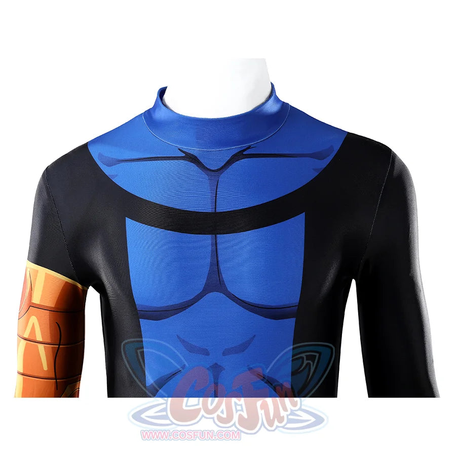 Invincible cosplay jumpsuit close-up of chest and collar, showing blue muscle print panel and stand-up neckline