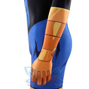 Invincible cosplay jumpsuit left arm close-up, orange armor-print sleeve with panel line details
