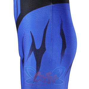 Invincible cosplay jumpsuit side hip close-up, blue fabric with dark graphic muscle-print pattern detail