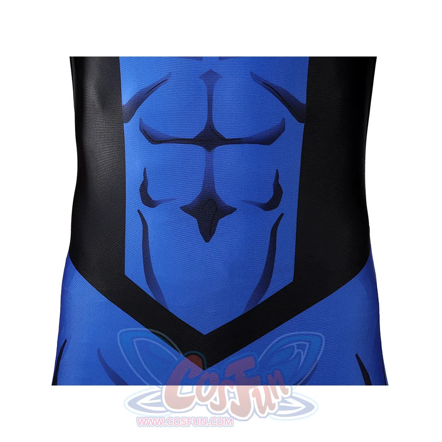 Invincible cosplay jumpsuit torso close-up showing blue panel with 3D muscle print and black V-design
