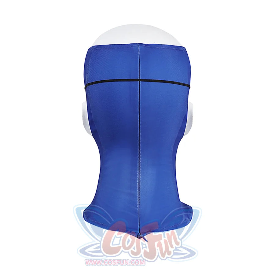 Invincible cosplay mask back view, blue fabric hood showing center seam and zipper closure at bottom