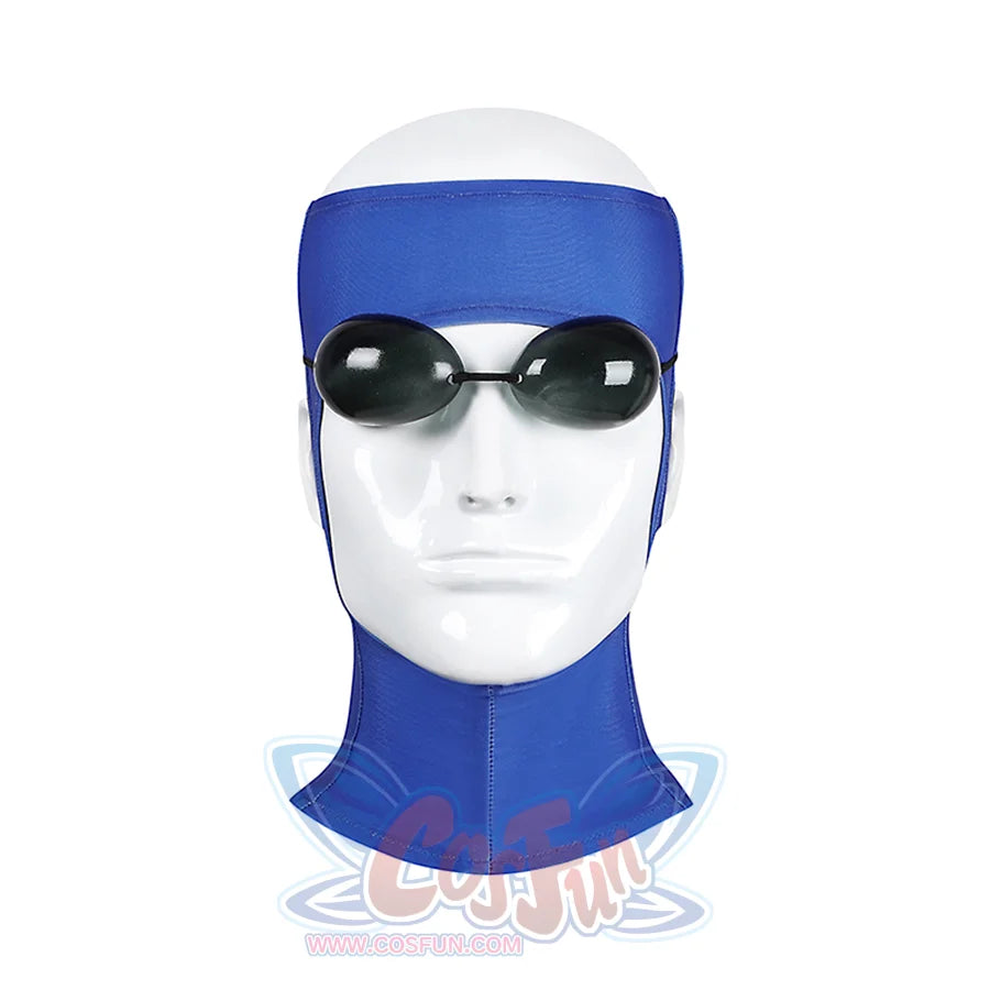 Invincible cosplay mask close-up, blue fabric hood with black oval goggles on mannequin head