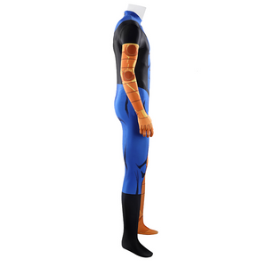 The side of the mark cosplay costume showcases gold-printed sleeves and black shoe prints on the legs.
