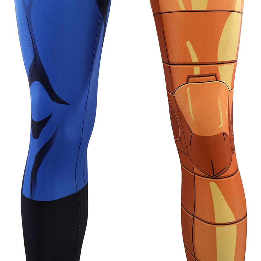 One pant leg features a gold print, while the other has a blue-and-black print.