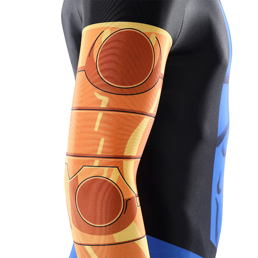 The right sleeve feature three-dimensional printed patterns resembling metallic armor.
