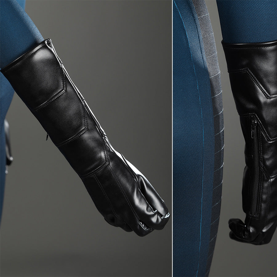 Sue Storm cosplay costume black gloves detail showing textured stitching and blue bodysuit pairing