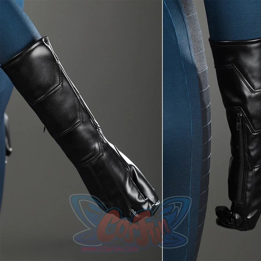 Sue Storm cosplay costume black gloves detail showing textured stitching and blue bodysuit pairing