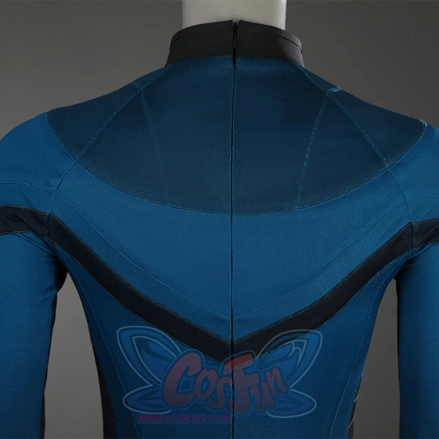Sue Storm cosplay costume back detail with black collar and blue V-shaped panel construction
